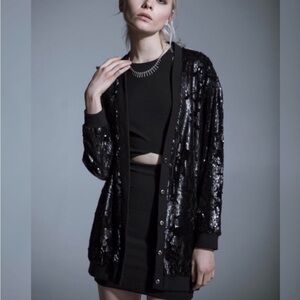 JACK MEETS KATE] Black Sequins Rib Oversized Long Cardigan Party Blazer Jacket